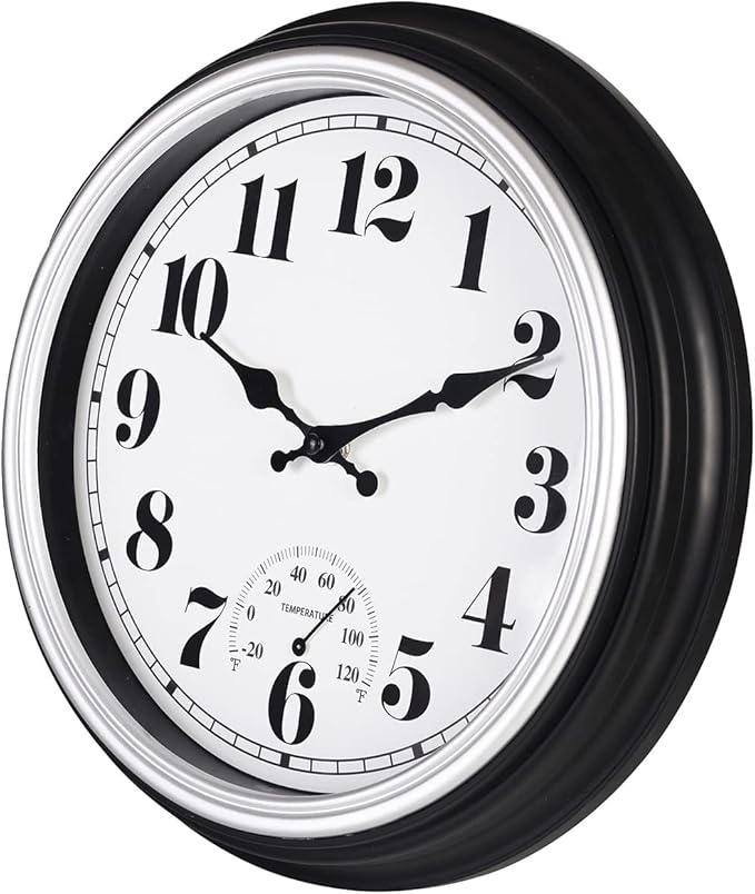 45MinST 12 Inch Indoor/Outdoor Retro Round Waterproof Wall Clock with Thermometer, Silent Non Ticking Battery Operated Quality Quartz Wall Clock Home/Patio Decor(Silver F)
