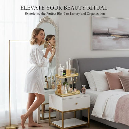 MLVOC Makeup Organizer Countertop, Gold Skincare Organizer, Durable Metal Storage for Bathroom or Bedroom Vanity, Tall Spacious Design for Large Bottles