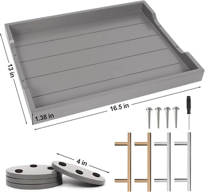 SXNOWS Wooden Serving Tray with 2 Sets of Handles,Large Ottoman Tray for Living Room, Rectangular Wood Tray for Coffee Table, Modern Farmhouse Kitchen Decor, 4 Round Coasters Included,Gray