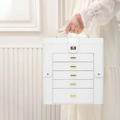 AKOZLIN Extra Large 6-Tier Jewelry Box Organizer with Mirror, 5 Drawers Leather Jewelry Storage Case for Women Girls Ring Necklace Earring Bracelet White