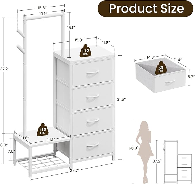 KKL Small Dresser for Bedroom with Clothes Hanging Rack, Reversible Bedroom Dresser with Shoe Rack & 4 Fabric Drawers, 3-in-1 Storage Chest of Drawers with Storage Shelves & Tree Hooks, White