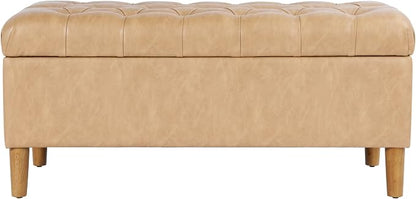 HomePop Button Tufted Storage Bench with Cone Wood Legs - Sand Faux Leather