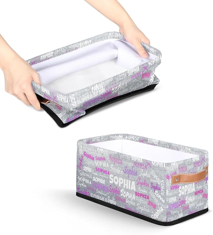 Custom Storage Baskets for Decor with Name, Small Organizer Collapsible Storage Bin with Leather Handle, Toilet Tank, Towel Storage, Entryway, Silver Glittering Sparkly Bling