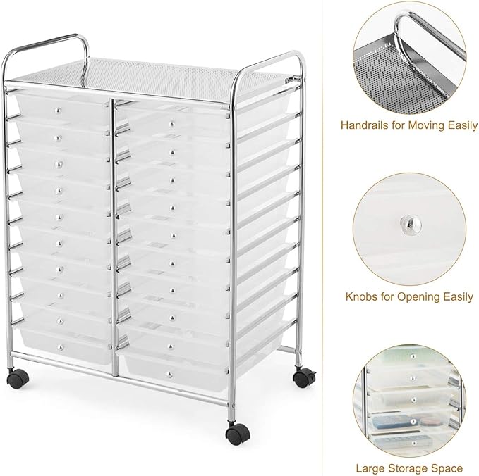 GOFLAME 20-Drawer Rolling Storage Cart, Multifunctional Art Craft Organizer Cart, Mobile Utility Storage Cart with Removable Drawers & Lockable Wheels, Craft Cart for Home Office School, Clear