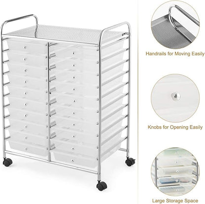 GOFLAME 20-Drawer Rolling Storage Cart, Multifunctional Art Craft Organizer Cart, Mobile Utility Storage Cart with Removable Drawers & Lockable Wheels, Craft Cart for Home Office School, Clear