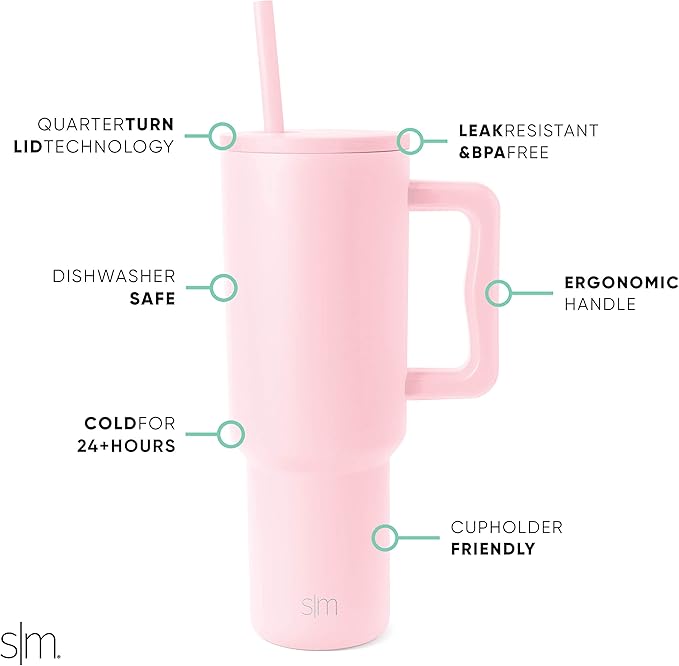Simple Modern 40 oz Trek Tumbler with Handle and Straw Lid | Cup Holder Friendly Insulated Stainless Steel Travel Mug | Blush