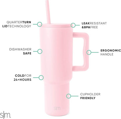 Simple Modern 40 oz Trek Tumbler with Handle and Straw Lid | Cup Holder Friendly Insulated Stainless Steel Travel Mug | Blush