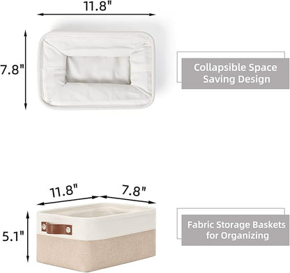HNZIGE Small Fabric Baskets for Organizing(6 pack) Collapsible Storage Baskets for Shelves, Closets, Laundry, Nursery, Decorative Baskets for Gifts Empty (White&Beige, 11.8" x 7.8" x 5.1")