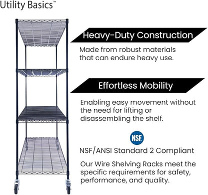 Utility Basics NSF Commercial 4-Tier Wire Shelving with Wheels, 60"x24"x72" Heavy Duty Metal Shelves 3200 lbs Max Capacity, Black Storage Rack for Garage Kitchen Pantry Warehouse