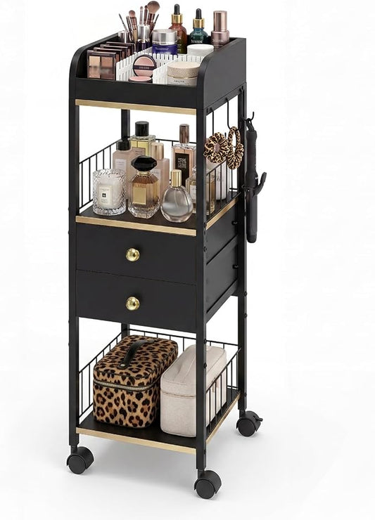 Makeup Organizer Cart, Rolling Floor Skincare Organizer and Storage with 2 Wooden Drawers, Cosmetics Display Cases Holder for Skin Care Perfume Hair Tools Nail Polish(Black&Glod)