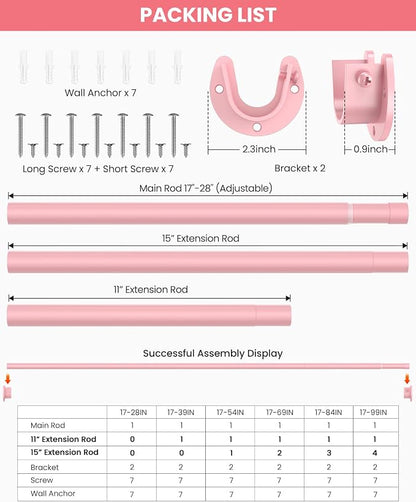 Supforce Closet Rods for Hanging Clothes, 17 to 84 Inches Stepless Adjustable Metal Closet Rod, 1.3 Inches Heavy Duty Clothes Hanging Rod for Closet Wardrobes Laundry RV, Pink