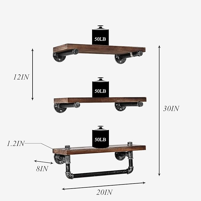 DR.IRON Industrial Pipe Shelving Wall Mounted 3 Tier Rustic Bathroom Shelves Wall Pipe Shelf for Bathroom Decor