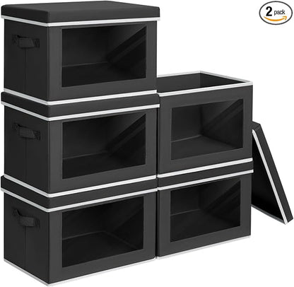 Homsorout Storage Boxes with Lids - 5 Pack Foldable Clear Window Storage Bins, Large Decorative Storage Bins with Handles, Storage Containers for Clothes, Towel, Blanket, Sheet, Black