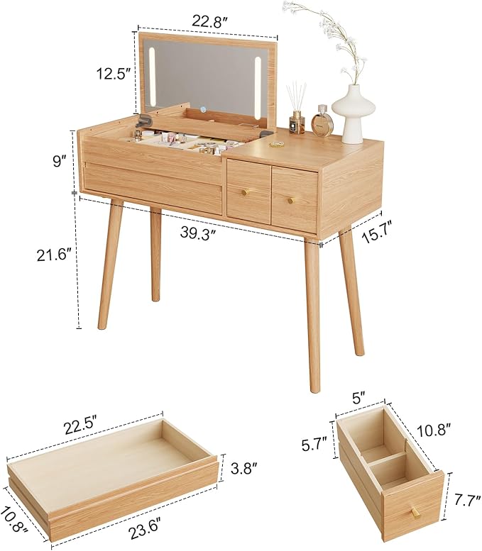 Solid Wood Vanity Desk With Flip Top Mirror And Lights, Mild Century Dressing Table Wooden 4 Drawers Storage, 40 Inch Large Make Up Vanity With 3 Lighting Modes Original, Wood Color (With Adapter)
