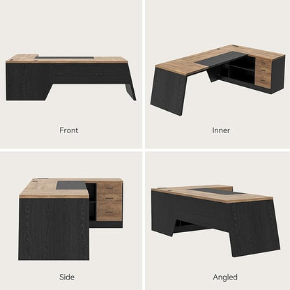 L-Shaped Executive Desk with Drawer, Large Modern Home Office Desk with Cord Hold and Power Outlet, Big Wooden Business Furniture with Lateral File Cabinet for CEO Boss, Oak Black