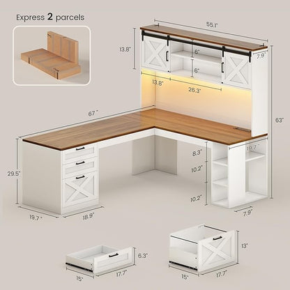SEDETA 67" Farmhouse L Shaped Desk with Hutch, Home Office Desks with Drawers & Sliding Doors, Corner Computer Desk with Storage Shelves & Power Outlets, Executive Desk with LED Lights, White