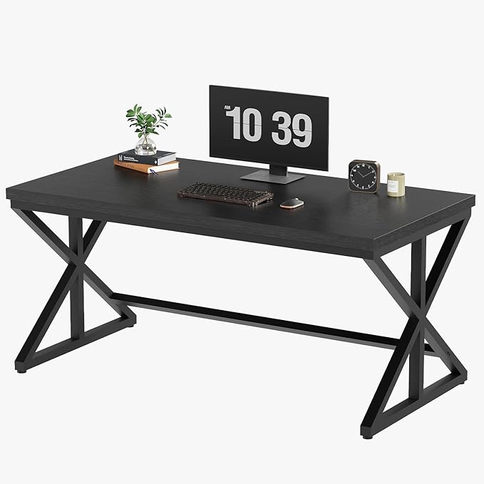 IBF Black Office Desk, Simple Wooden Computer Desks with Metal Legs, Modern Study Work Table for Student Executive, Spacious Writing Gaming Table for Home Bedroom Living Room, 47 Inch, Black Oak