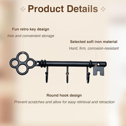 Classic Wall Mounted Key Holder Hook Rack, Vintage Key Rack for Entryway (Black)