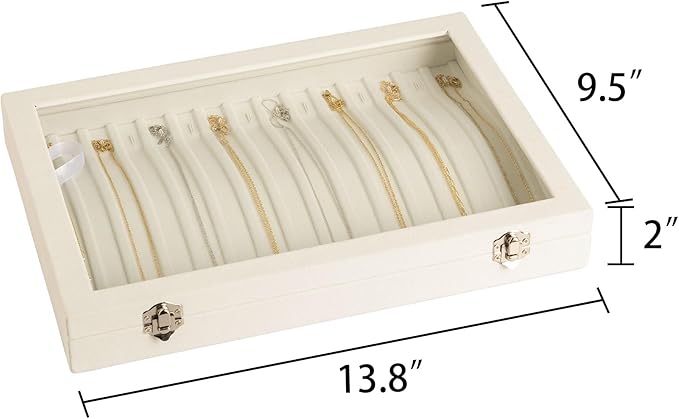 Frebeauty 15 Hooks Necklace Tray Velvet Neckalce Organizer with Clear Lid Lockable Necklace Holder Box Jewelry Organizer for Pendants Chains Necklace Jeweley Tray for Women Girls(Beige)