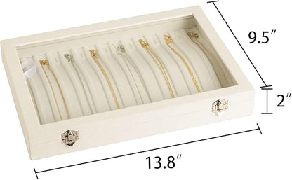 Frebeauty 15 Hooks Necklace Tray Velvet Neckalce Organizer with Clear Lid Lockable Necklace Holder Box Jewelry Organizer for Pendants Chains Necklace Jeweley Tray for Women Girls(Beige)