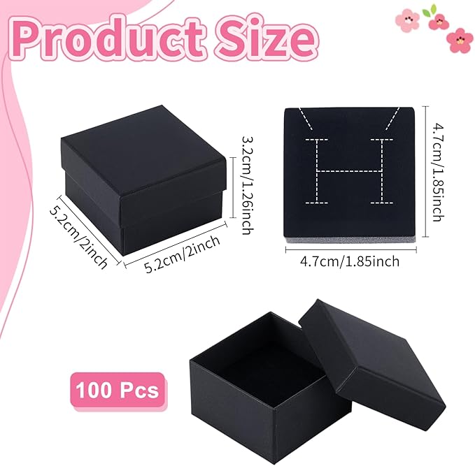 100PCS Ring Box Bulk Kraft Jewelry Gift Boxes 2’’ × 2’’ × 1.2’’ Small Earring Packing Boxes Square Cardboard Jewelry Box with Foam for Selling Weddings Valentine Birthday Business (Black)