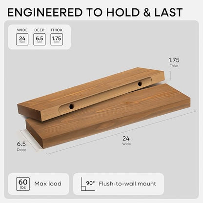 Homeforia 24 inch Golden Oak Floating Shelf, High End Solid Real Wood 24inch Small Floating Shelves for Wall Mounted, Oak Wooden 24in Floating Shelves, Heavy Duty Bracket, 24 X 6.5 X 1.75 in, Set of 2
