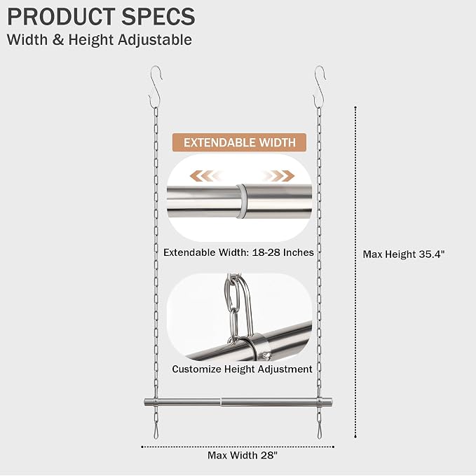 Closet Hanging Rod, Adjustable Width and Height Closet Extender Hanging Rod, Space-Saving Clothes Hanging Bar, 18-28 Inches, 2 Pack