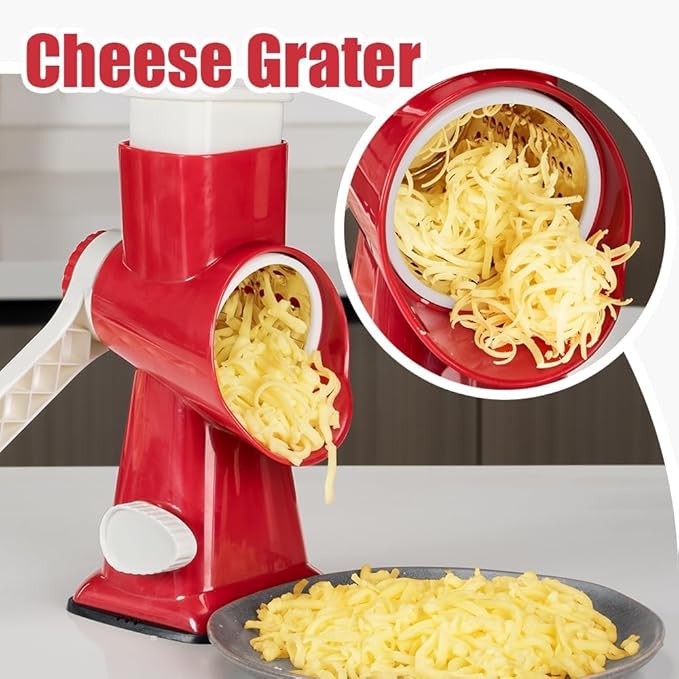 KEOUKE Rotary Cheese Grater Pro 6 in 1 - Shredder Crinkle Slicer Grinder Ice Shaver, Stable Suction, Time-saving Easy Use & Clean, Safe Morden Kitchen Tool for Cheese, Vegetable, Nuts, Chocolate