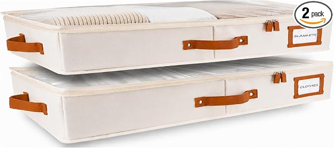 HOMELUX THEORY 2pc Low Profile Under Bed Storage Containers, Thin Under Couch Storage Organizer with Bins & Lids, Underbed Storage Box Ideal for Seasonal Clothes, Blankets, Fabric & Shoes (Ivory)