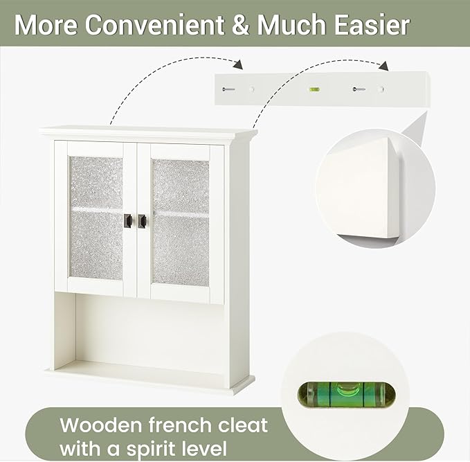 Wall Mount Bathroom Storage Cabinet, Medicine Cabinet with Tempered Glass Door and Buffering Hinge Over Toilet Storage Cabinet Wall Mounted Organizer Above Toilet Storage (Cream White)