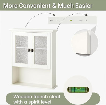 Wall Mount Bathroom Storage Cabinet, Medicine Cabinet with Tempered Glass Door and Buffering Hinge Over Toilet Storage Cabinet Wall Mounted Organizer Above Toilet Storage (Cream White)