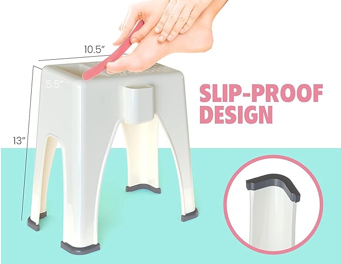 Skywin Extra Tall Shower Foot Rest with 3 Pockets to Hold Shaving Essentials 10 x 7.8 x 13 Inches - Extra Heighted Plastic Pedicure Foot Rest - Shower Stool for Shaving Legs (Beige)