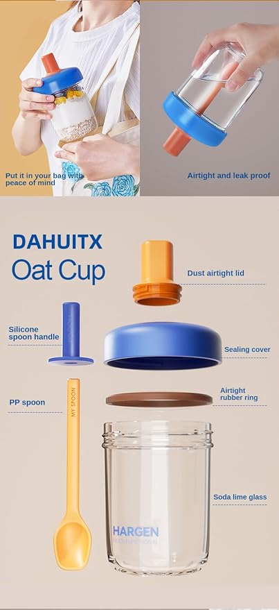 2 Pack Overnight Oats Containers with Lids and Spoons, 13.5 oz Breakfast Yogurt Cup to Go, for Milk, Cereal, Oatmeal (Blue+Pink)