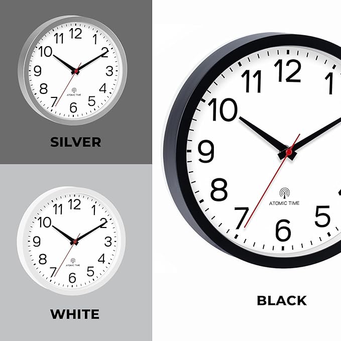 AKCISOT Atomic 10 Inch Wall Clock, Analog Indoor Battery Operated Clock for Kitchen Bedroom Office Classroom Living Room (White)