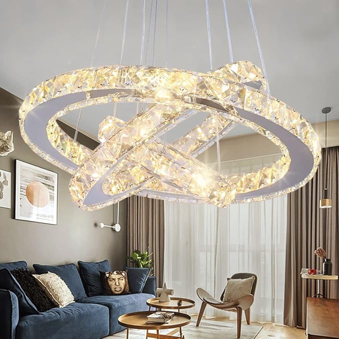 Modern LED Crystal Chandeliers 3 Ring Round Pendant Lighting Fixtures DIY Stainless Steel Ceiling Lamp Hanging Lights for Living Room Dining Room Bedroom Kitchen (Warm Light)