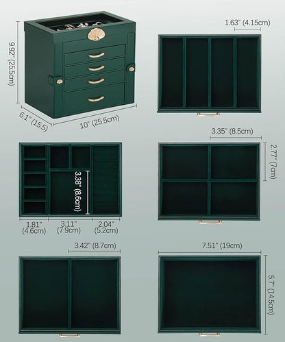 Jewelry Box with 4 Drawers: Display Organizer for Earrings Necklaces - Gifts for Girls Women (Forest Green)