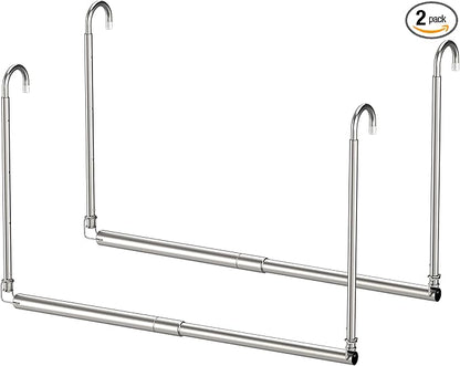 Hanging Closet Rod, 2 Pack Adjustable Height & Width Closet Rods for Hanging Clothes-Closet Extender Hanging Rod Space-Maximizing Design Suitable for Hanging and Drying Clothes, Silver