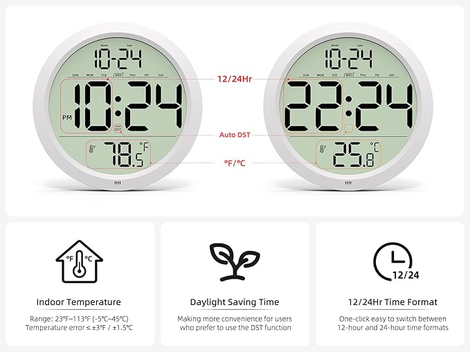 Digital Wall Clock Battery-Operated, 8 Inch Small Decorative Modern Wall Clock with Date, Temperature, Auto-DST, Silent Electric Wall Clock for Bedroom, Living Room, Kitchen, Office, Farmhouse - White
