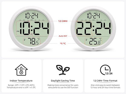 Digital Wall Clock Battery-Operated, 8 Inch Small Decorative Modern Wall Clock with Date, Temperature, Auto-DST, Silent Electric Wall Clock for Bedroom, Living Room, Kitchen, Office, Farmhouse - White