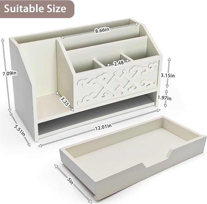 White Wooden Mail Organizer with Drawer, Three Tiered Desk Accessories for Office Organization and Storage, Stylish Countertop Document Storage, Home/Office/Classroom Supplies (White03)