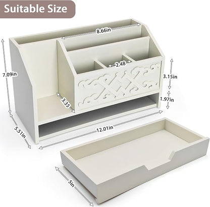 White Wooden Mail Organizer with Drawer, Three Tiered Desk Accessories for Office Organization and Storage, Stylish Countertop Document Storage, Home/Office/Classroom Supplies (White03)