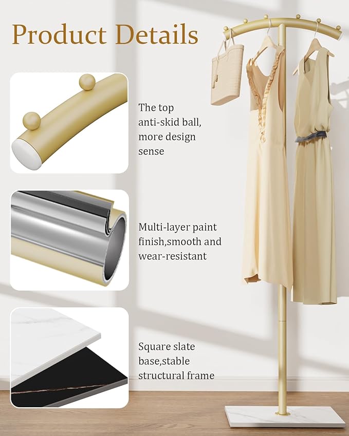 Arcuate Garment Rack, T-shaped Coat Tree Freestanding, Metal Coat Racks, Natural Stable Rock Base, Suitable For Entrances, Corridors, Halls, 68.9in, Gold
