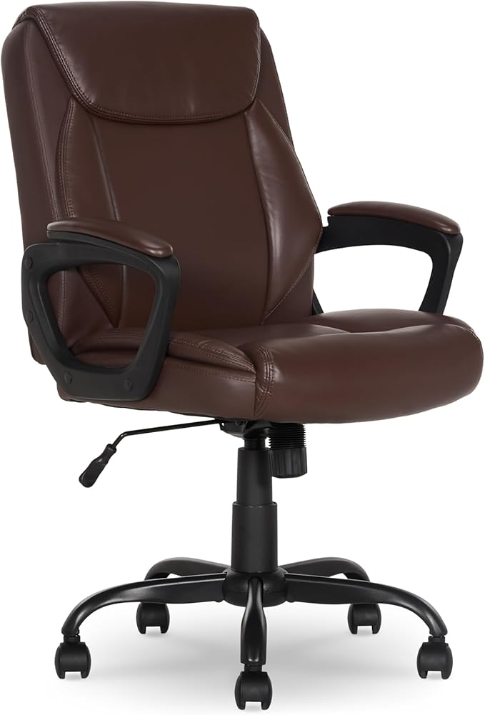 Amazon Basics Classic Puresoft PU Padded Mid-Back Height Adjustable Office Computer Desk Chair with Armrest, 25.75"D x 24.25"W x 42.25"H, Brown