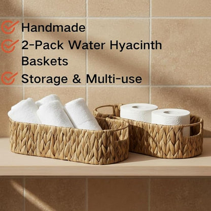 Toilet Paper Storage with Handles, Water Hyacinth Toilet Paper Holder, Storage Basket for Table, Shelves, Bathroom, Living Room, Gift Basket, Decor, 2 Packs (14.2" × 6.3" × 3.9")