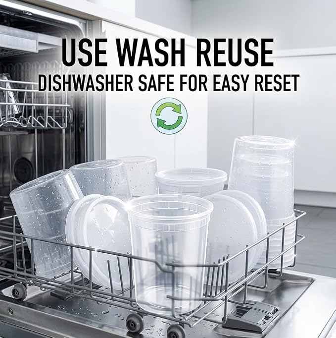 Mr Miracle Deli Containers with Lids - 12 Pack of 32 oz Clear Airtight Reusable Plastic Food and Multi-Purpose Containers - Microwave, Freezer, and Dishwasher Safe
