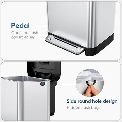 Arlopu 50L/13.2Gal Stainless Steel Trash Can W/15 Inner Bags & Rear Trash Bag Storage Compartment, Kitchen Step Trash Can with Lid & Built-in Deodorizer Box, Garbage Bin W/Foot Pedal (Sliver)
