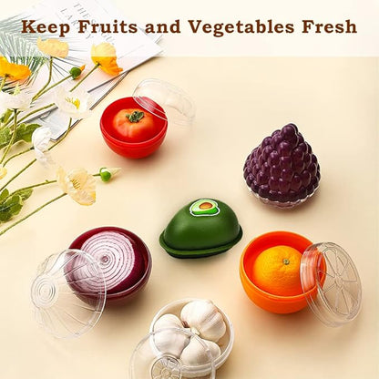 6 PCS Fruit and Vegetable Storage Containers, Reusable Storage Keeper, Lemon Orange Avocado Onion Garlic Tomato Shaped Saver Holder for Fridge, Refrigerator Crisper for Fruit and Vegetable