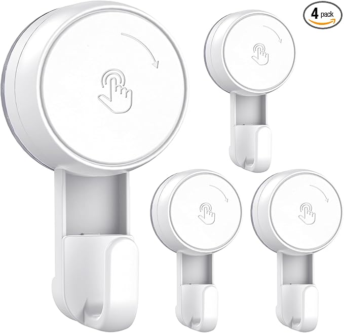LUXEAR Heavy Duty Waterproof Shower Hooks 4 Pack - Suction Hook, No Drill Damage-Free Removable Reusable Wall Hooks for Bathroom Kitchen Towel Bathrobe Loofah Shower Hooks (Max Load 11LB/5KG)