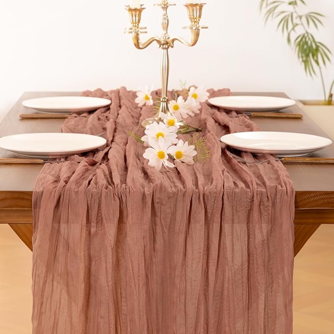 Socomi 10pcs Dusty Rose Valentine's Day Cheesecloth Table Runner Boho Rustic Gauze 120 inch 10FT Cheese Cloth Runner for Wedding Party Baby Shower Birthday Home Decor Holiday Decorations