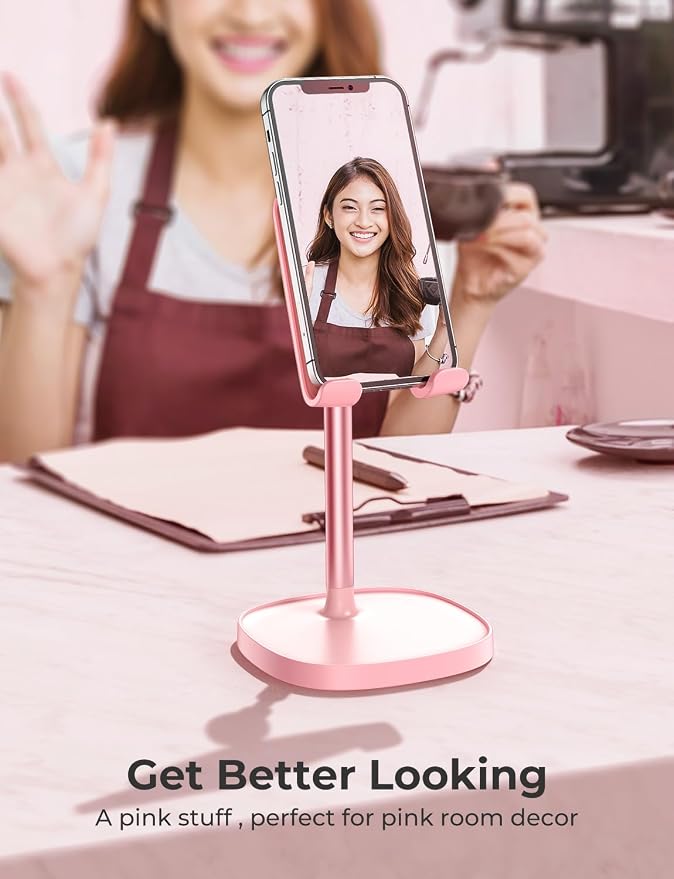 LISEN Pink Phone Stand for Home Desk, Room Vanity Decor Kitchen Accessories, Cute Phone Holder Bathroom Living Dorm Room Essentials Offices Desk Accessories for iPad mini 4-10 in Pink Gifts